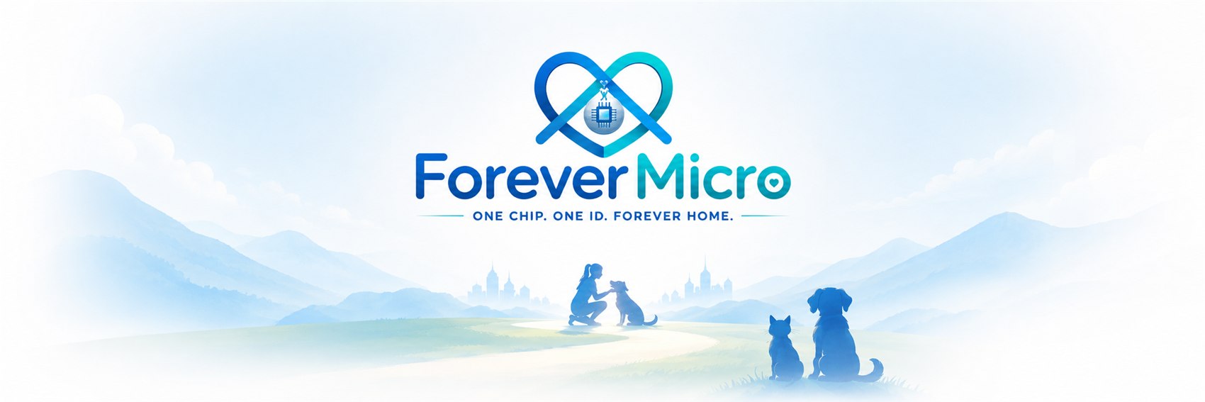 ForeverMicro — one chip, one ID, forever home. A golden retriever, cat, rabbit, ferret, bearded dragon, bird and horse gather around the ForeverMicro heart-and-microchip logo, with a person reuniting with their dog and a Lost & Found signpost.
